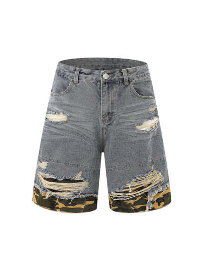 Ogulclon Patchwork Camouflage Ripped Shirt Jorts Denim Suit