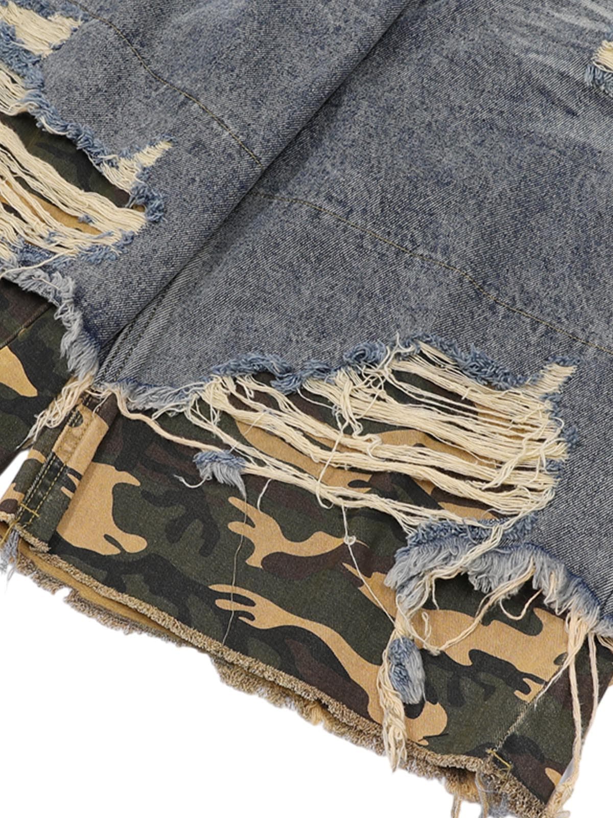 Ogulclon Patchwork Camouflage Ripped Shirt Jorts Denim Suit