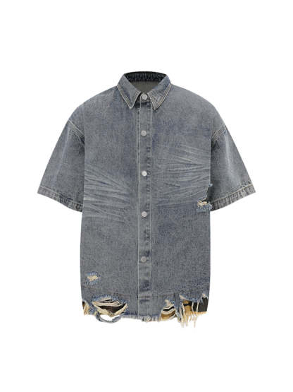 Ogulclon Patchwork Camouflage Ripped Shirt Jorts Denim Suit