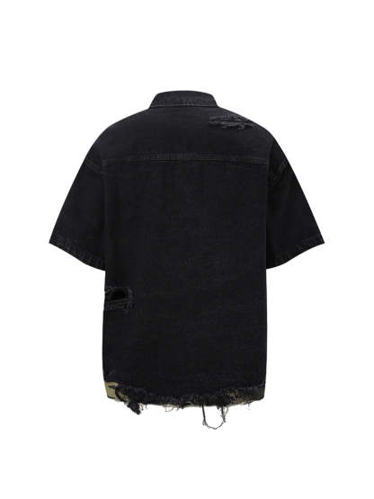 Ogulclon Patchwork Camouflage Ripped Shirt Jorts Denim Suit