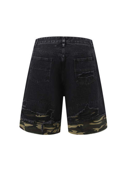 Ogulclon Patchwork Camouflage Ripped Shirt Jorts Denim Suit