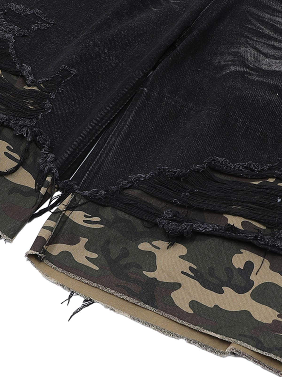 Ogulclon Patchwork Camouflage Ripped Shirt Jorts Denim Suit