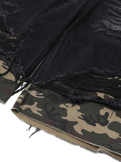 Ogulclon Patchwork Camouflage Ripped Shirt Jorts Denim Suit