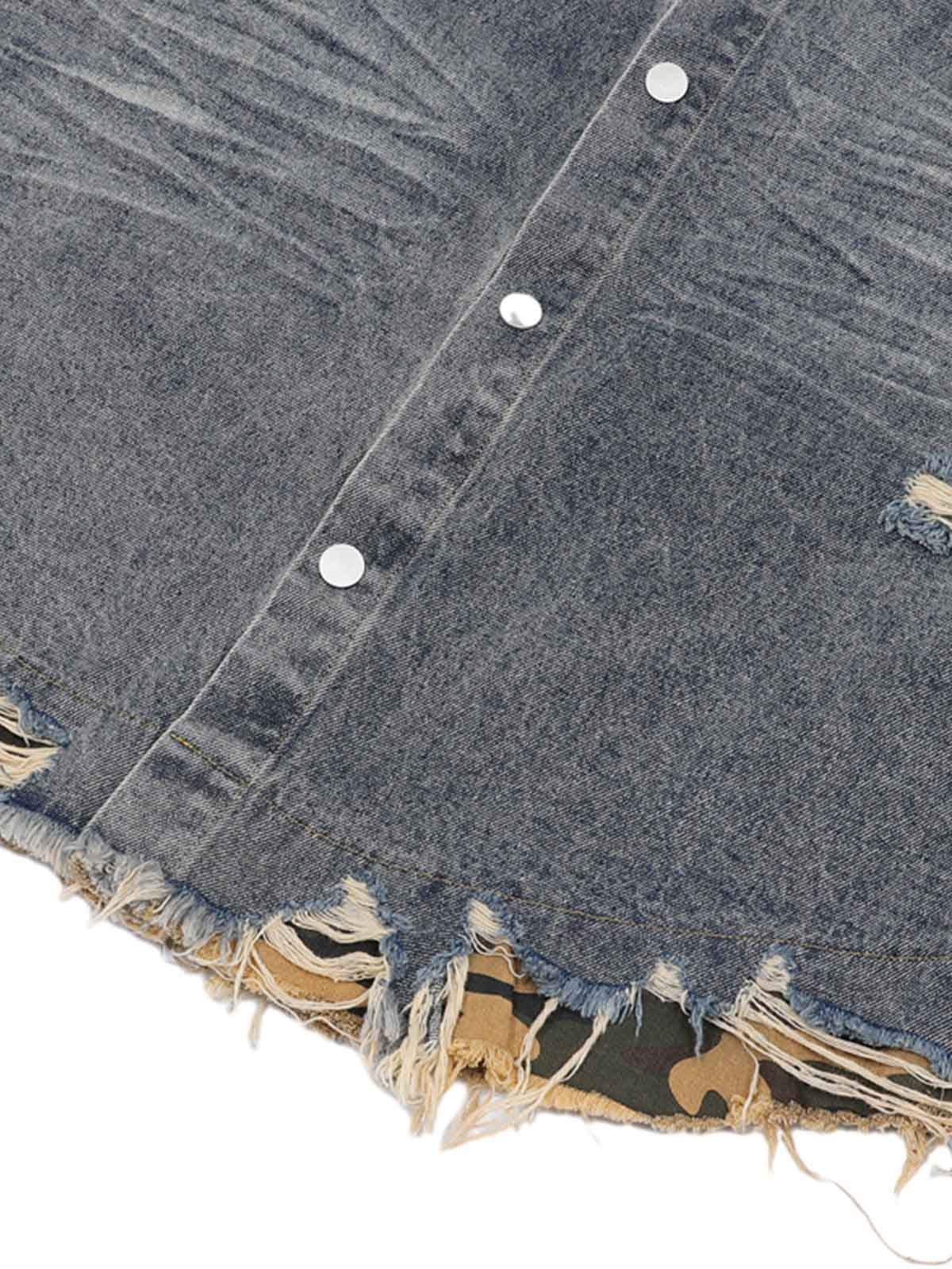 Ogulclon Patchwork Camouflage Ripped Shirt Jorts Denim Suit