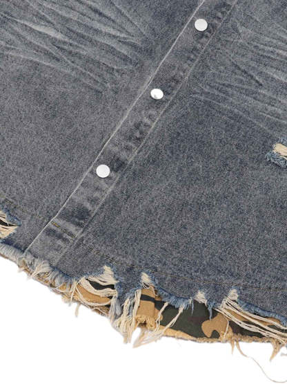 Ogulclon Patchwork Camouflage Ripped Shirt Jorts Denim Suit