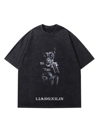 Ogulclon Retro Washed Distressed Doberman Pinscher T-shirt-2202