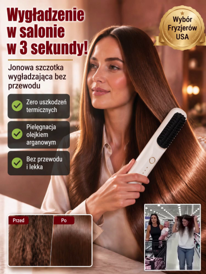 Bezprzewodowa Jonowa Szczotka Prostująca | Gładkie Włosy w 3 Sekundy😍 Wystarczy JEDNO pociągnięcie, aby zmienić suche, puszące się pasma w jedwabistą gładkość. ✨