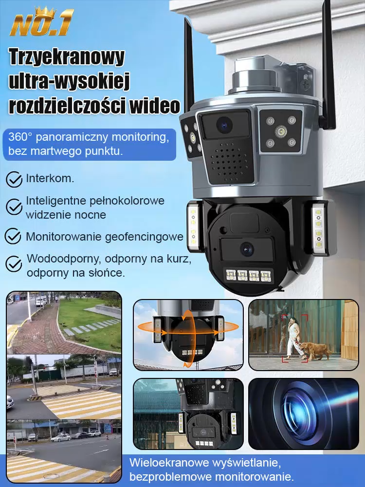 Zewnętrzny monitoring 360° z trzema obiektywami, noktowizorem Ultra HD i zdalnym podglądem w telefonie.