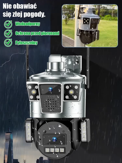 Zewnętrzny monitoring 360° z trzema obiektywami, noktowizorem Ultra HD i zdalnym podglądem w telefonie.