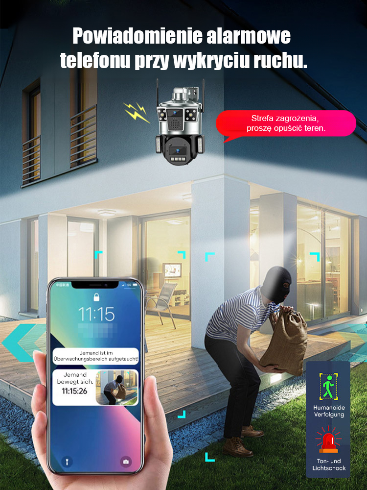 Zewnętrzny monitoring 360° z trzema obiektywami, noktowizorem Ultra HD i zdalnym podglądem w telefonie.