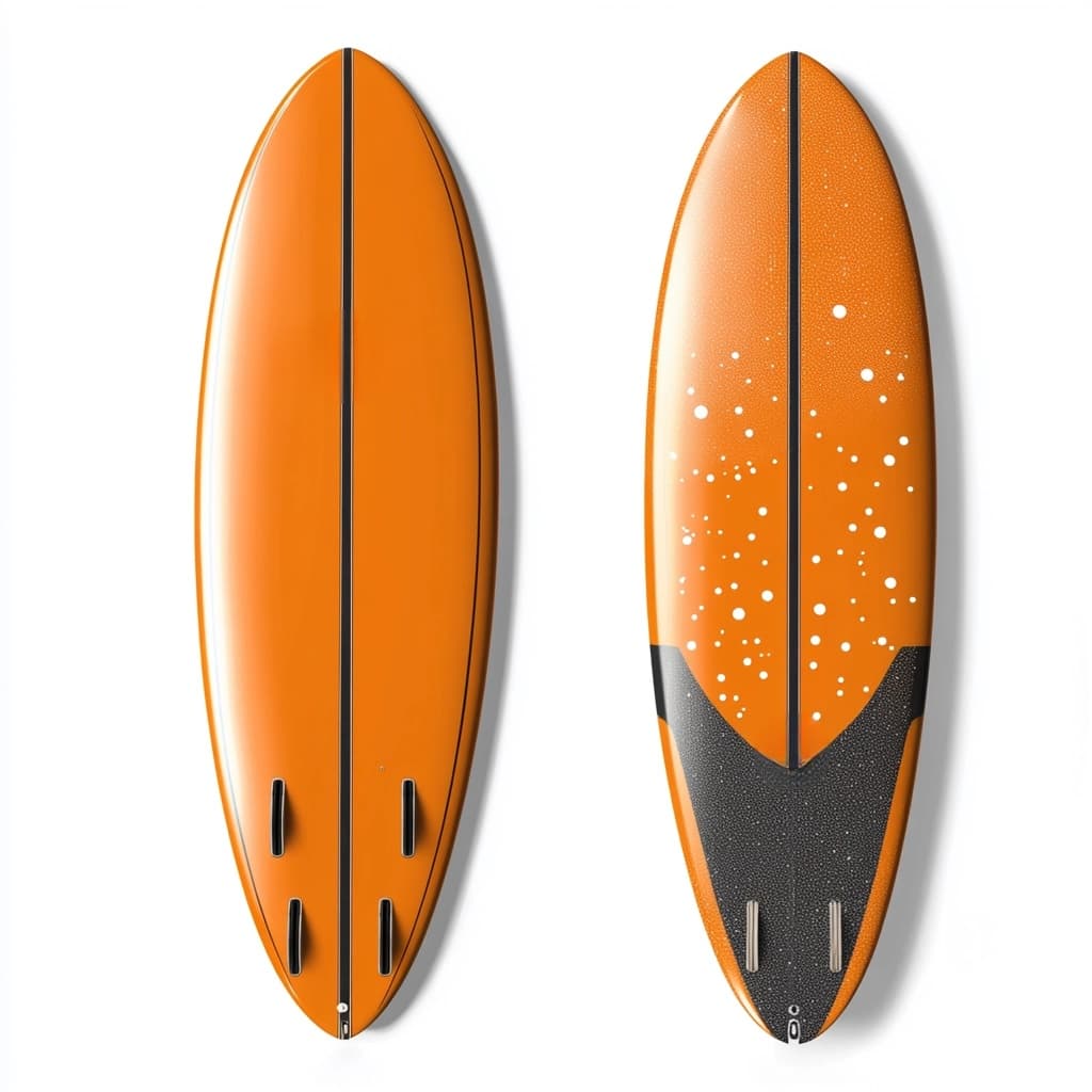 Tabla de surf corta fibra de vidrio naranja diseño aerodinámico mar