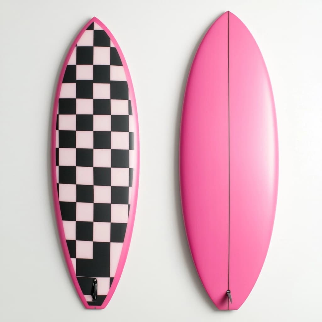 Tabla de surf fibra de vidrio ligera 6ft diseño ajedrez playa rosa/negra
