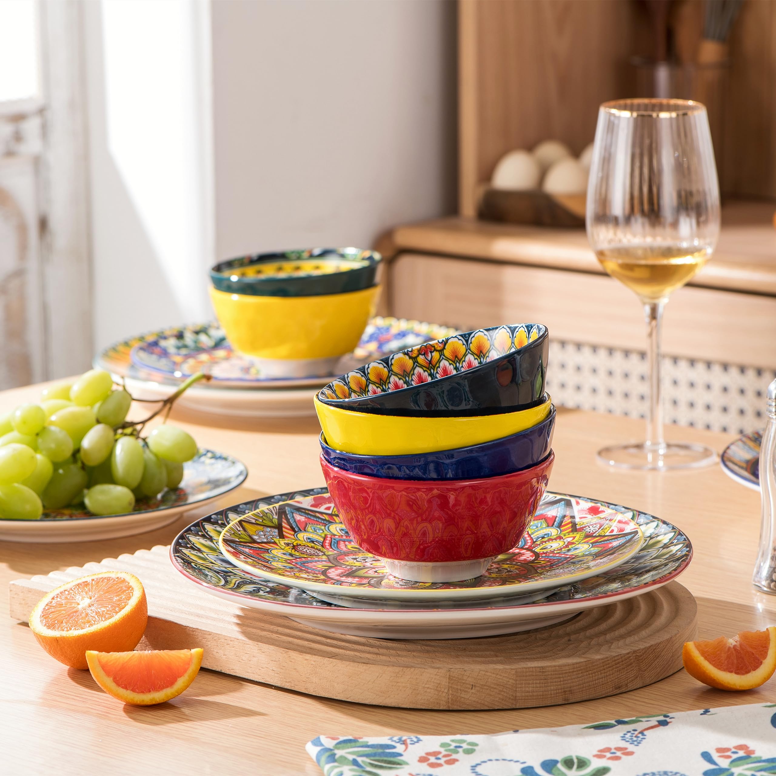 Cuencos para sopa, juego de 6, cerámica multicolor, 360 ml, para cereales, ensalada, sopa, avena, desayuno, vajilla de estilo bohemio, multicolor