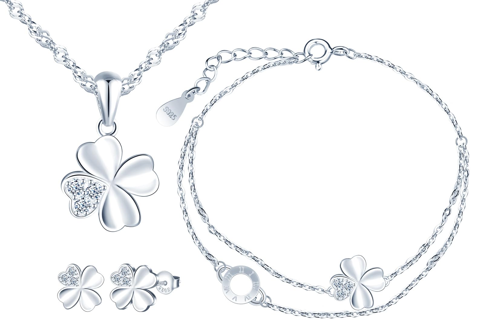 Conjunto joyas de 3 piezas, collar de plata trébol para mujer, pulsera de cadena trébol, y pendientes de trébol para niña, plata de ley 925 juegos de joyas para novia mamá hija fiesta