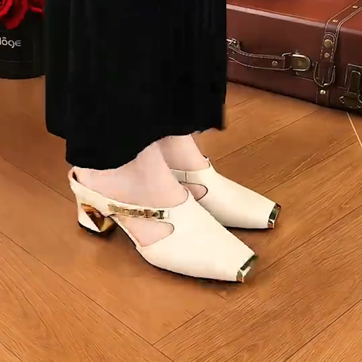 Danish handmade Gold Chain Leather Chunky Heel Slingback Sandals