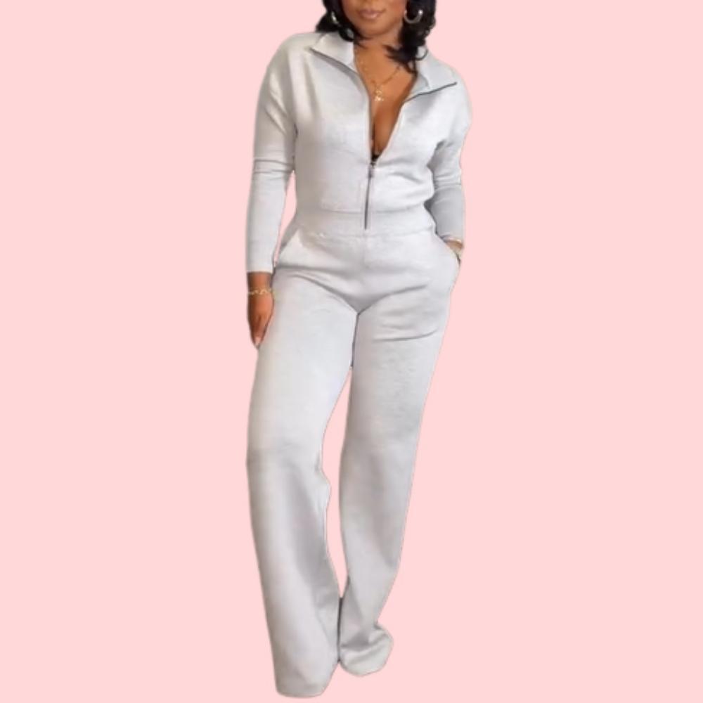 Solid Color Half Zip Jumpsuit