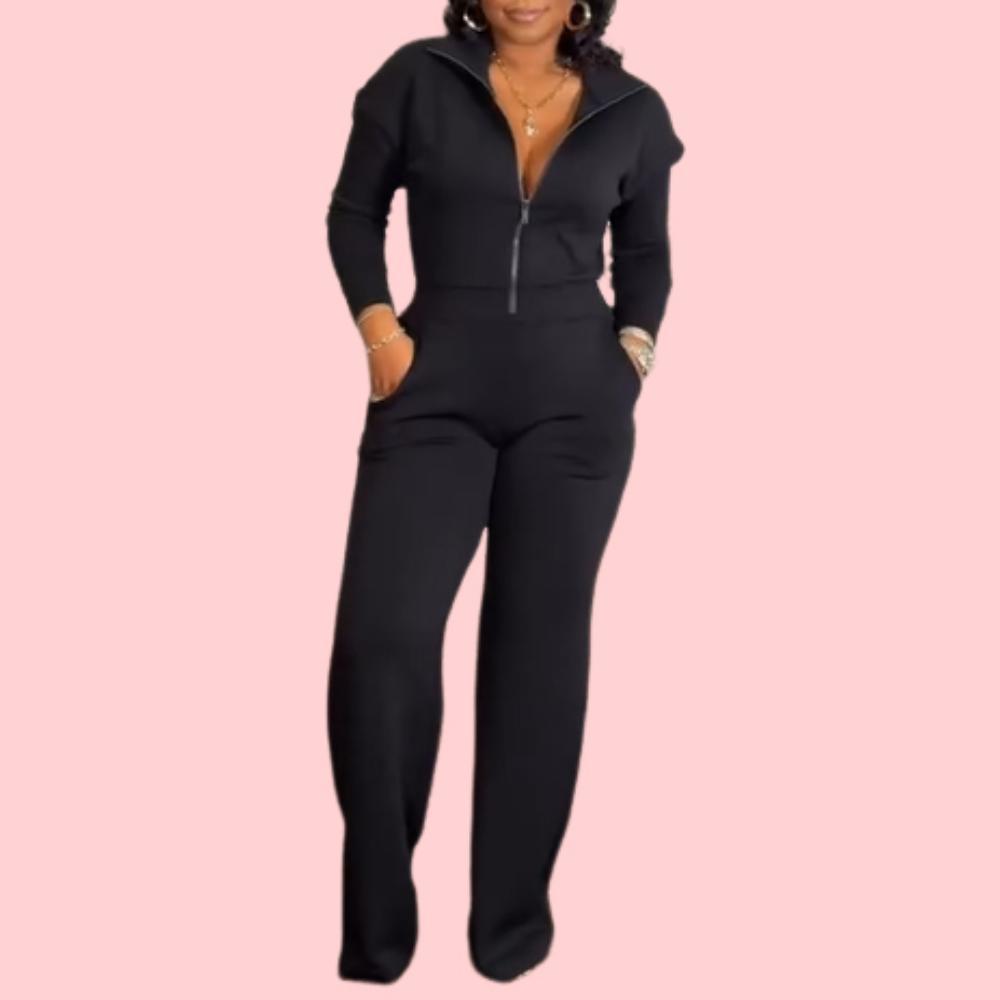 Solid Color Half Zip Jumpsuit