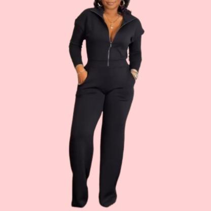 Solid Color Half Zip Jumpsuit