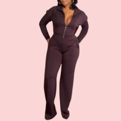 Solid Color Half Zip Jumpsuit