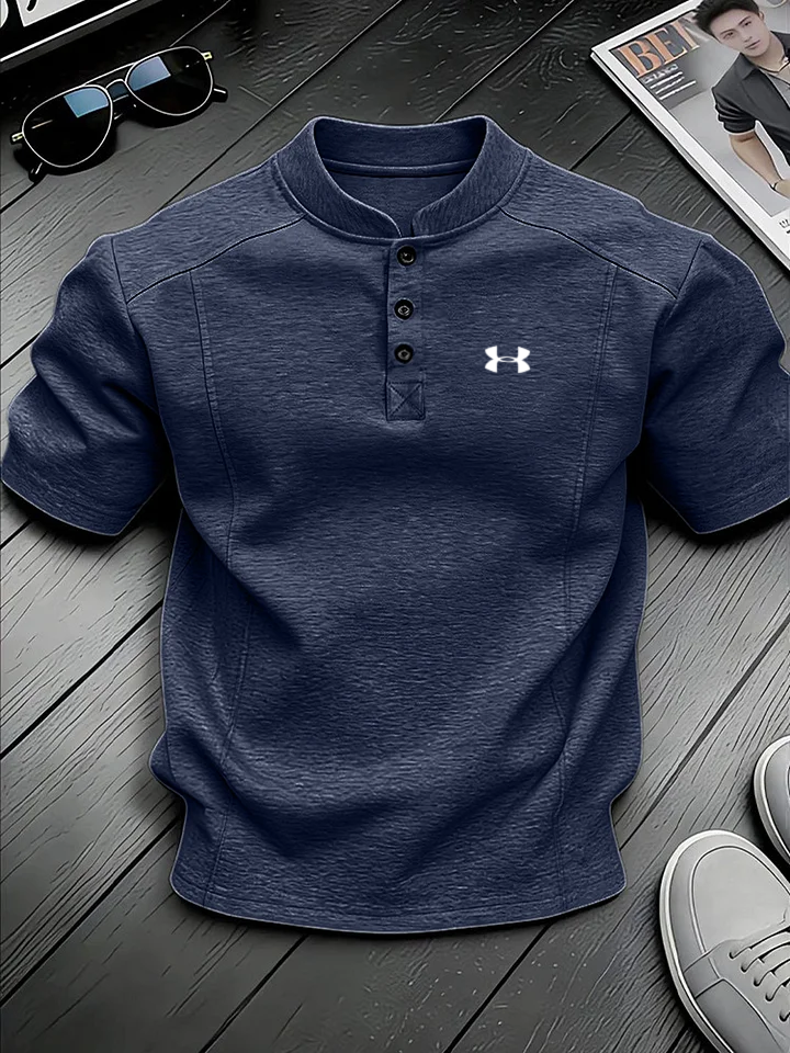 Men's Stand-up Collar Button-down Design Casual Short-sleeved Henley Shirt