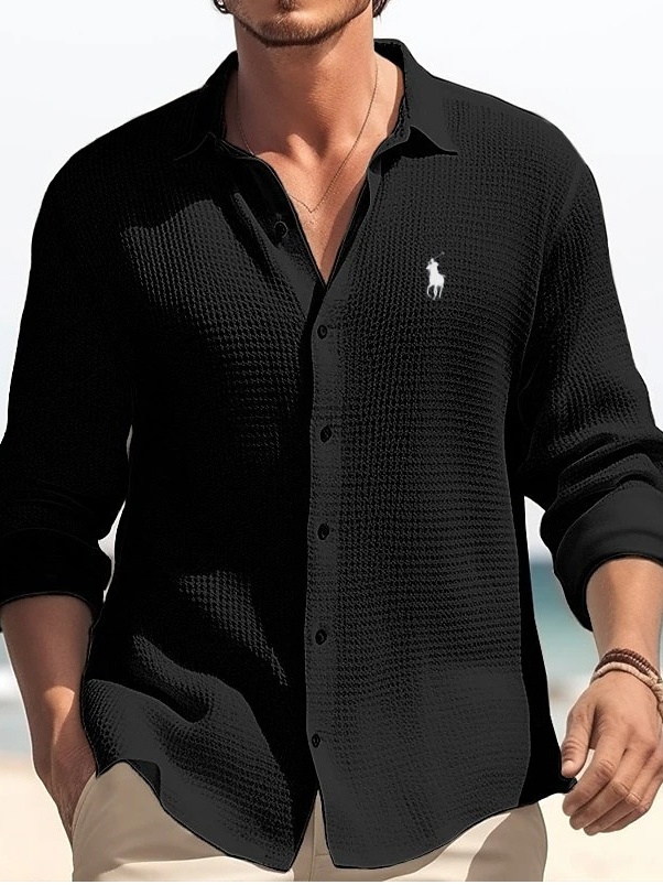 Men's solid color small waffle casual shirt