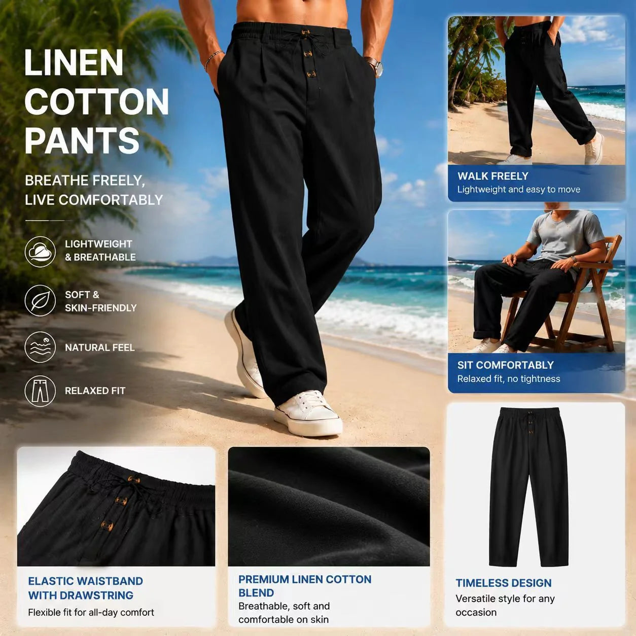 Men's Loose Fit Casual Relaxed Fit LightweightLinen Pants