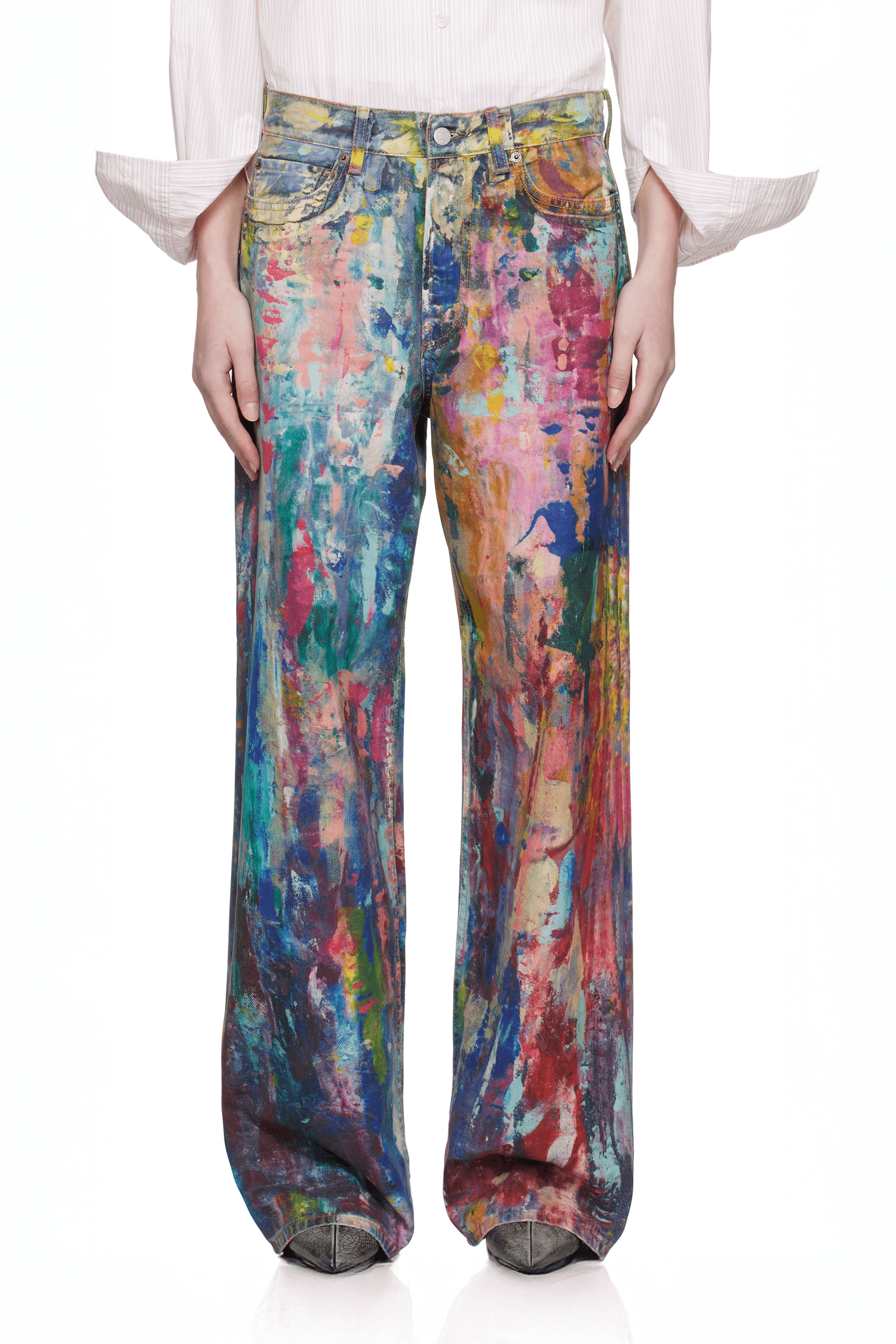 Unisex Colorblock Denim - Oil Painting Effect Relaxed Fit Pants