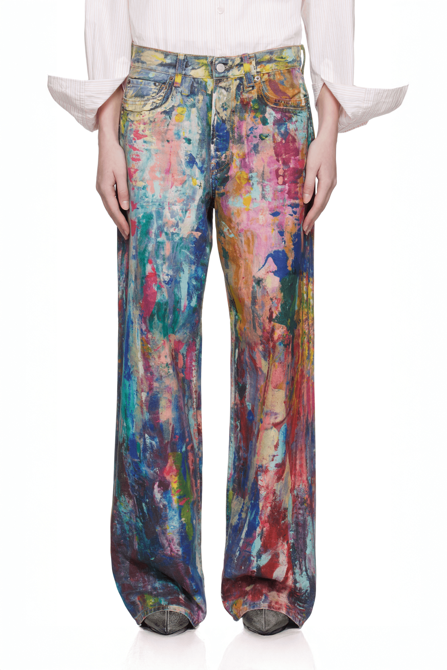 Unisex Colorblock Denim - Oil Painting Effect Relaxed Fit Pants