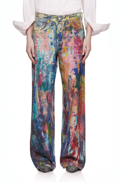Unisex Colorblock Denim - Oil Painting Effect Relaxed Fit Pants
