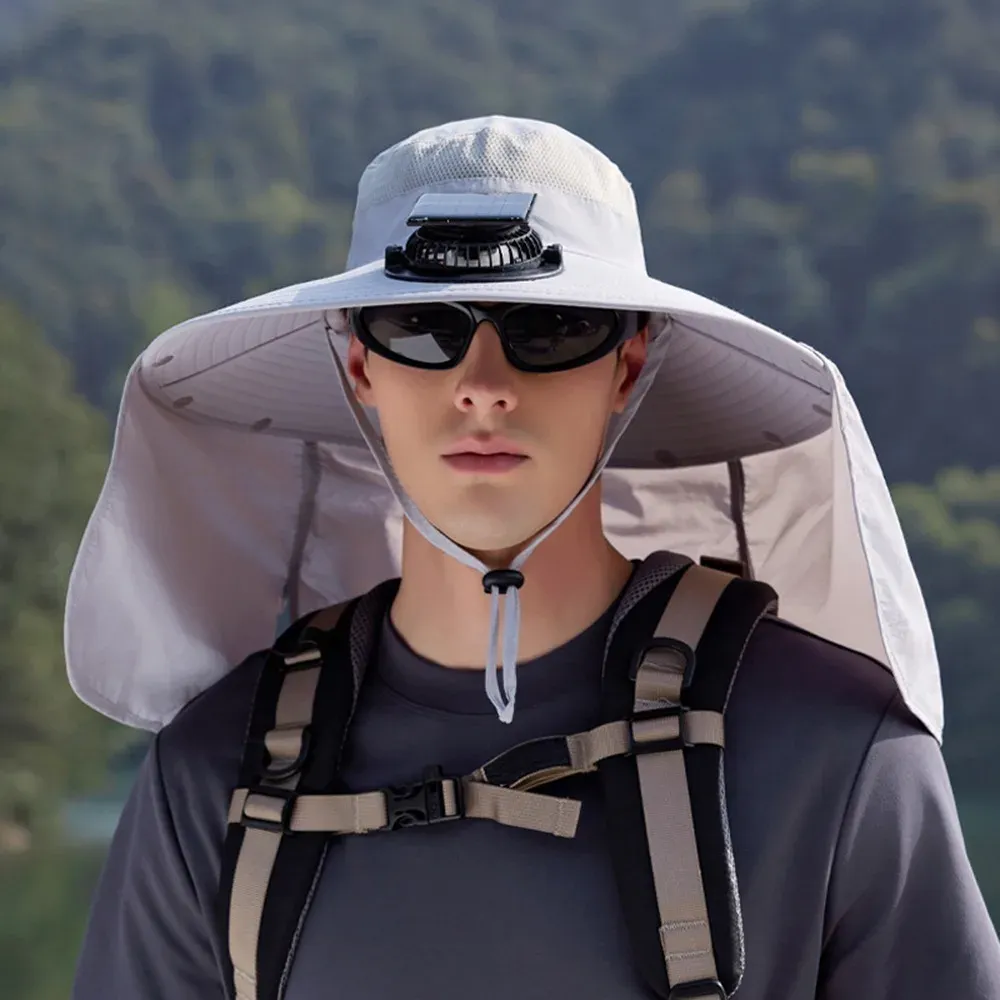 New Wide Brim Solar Fan Hat Quick Dry UPF50+ Men Sun Hat USB Charging Waterproof Bucket Hat Summer