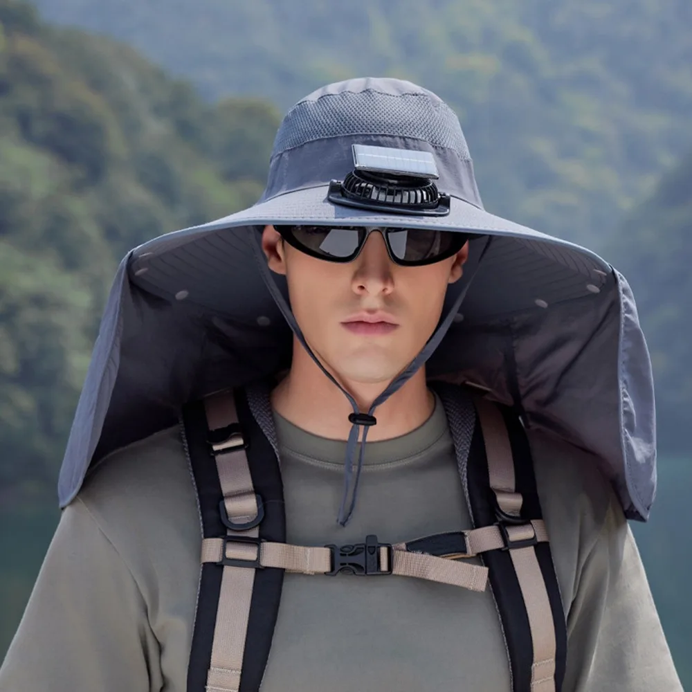 New Wide Brim Solar Fan Hat Quick Dry UPF50+ Men Sun Hat USB Charging Waterproof Bucket Hat Summer