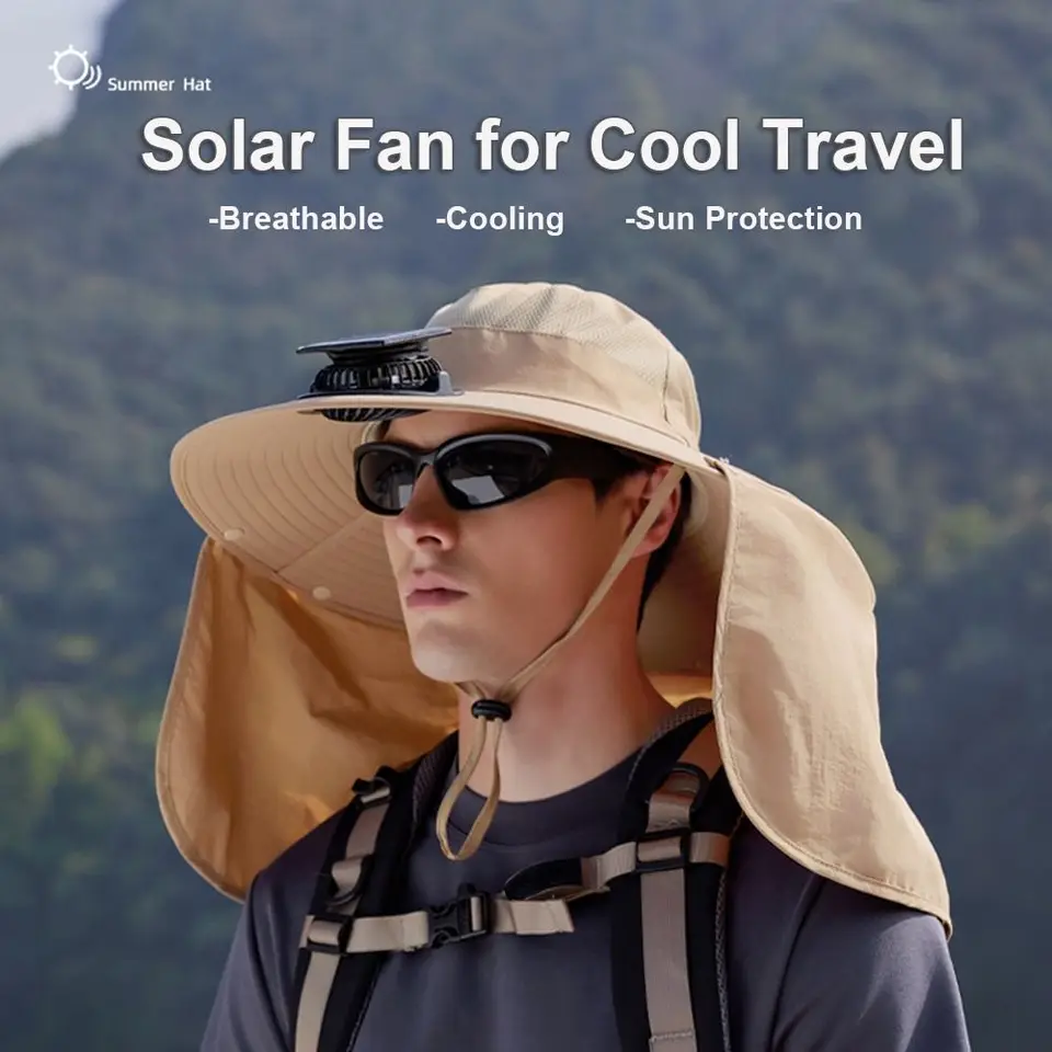 New Wide Brim Solar Fan Hat Quick Dry UPF50+ Men Sun Hat USB Charging Waterproof Bucket Hat Summer
