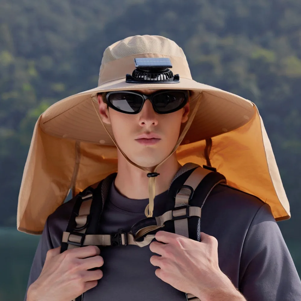 New Wide Brim Solar Fan Hat Quick Dry UPF50+ Men Sun Hat USB Charging Waterproof Bucket Hat Summer