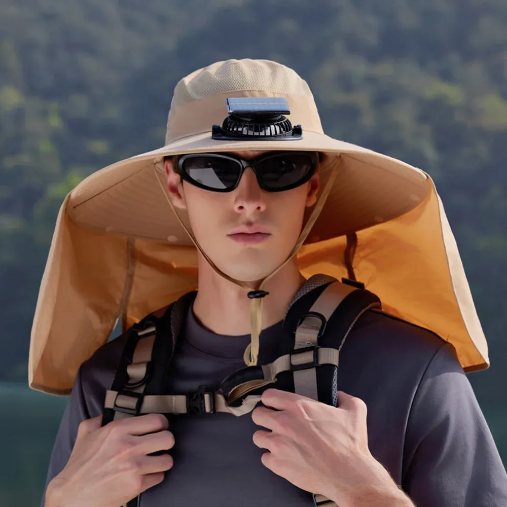 New Wide Brim Solar Fan Hat Quick Dry UPF50+ Men Sun Hat USB Charging Waterproof Bucket Hat Summer