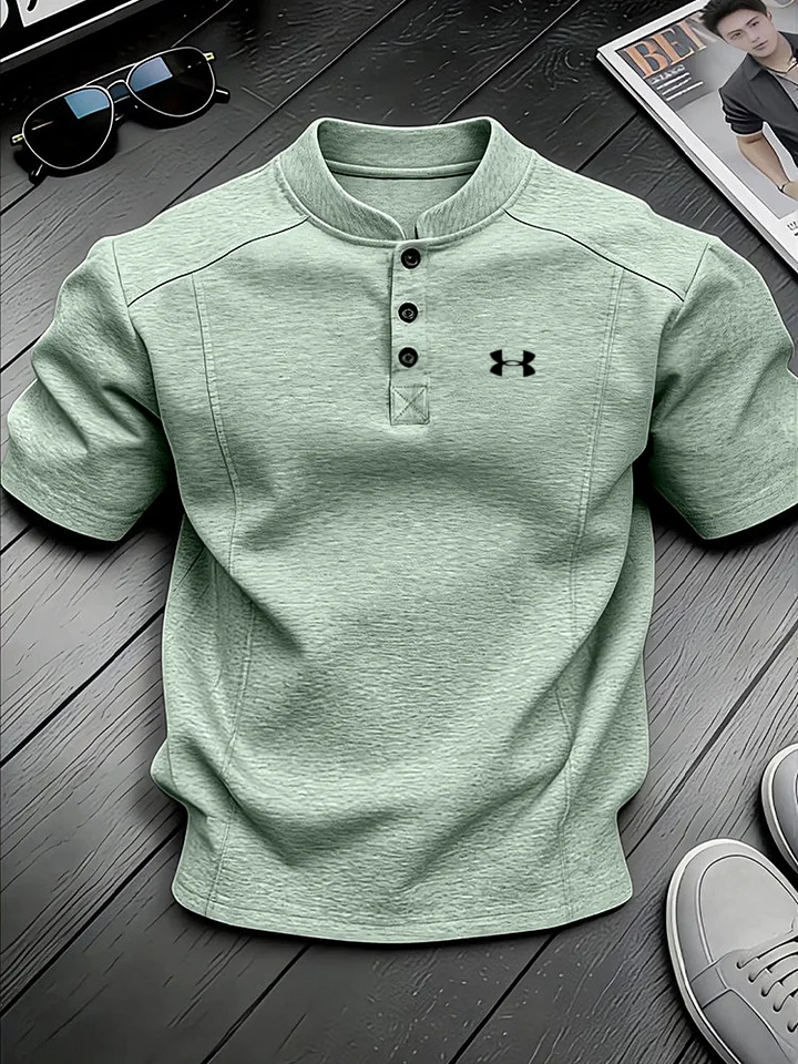 Men's Stand-up Collar Button-down Design Casual Short-sleeved Henley Shirt