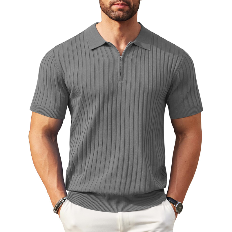 Men's Short Sleeve Ribbed Knit Zip-Up Shirt