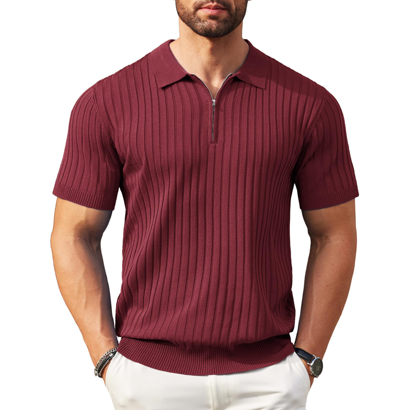 Men's Short Sleeve Ribbed Knit Zip-Up Shirt