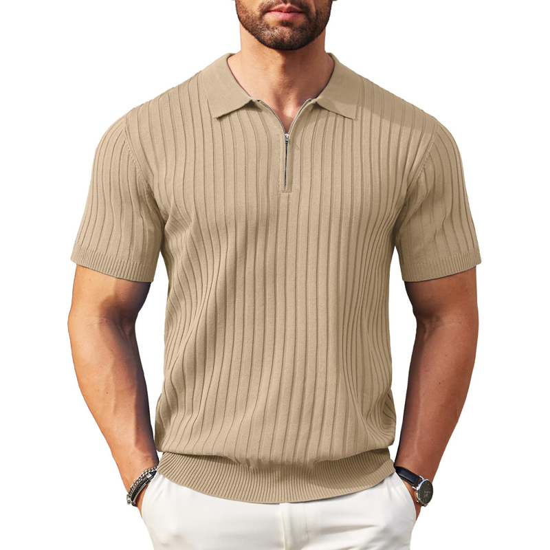 Men's Short Sleeve Ribbed Knit Zip-Up Shirt