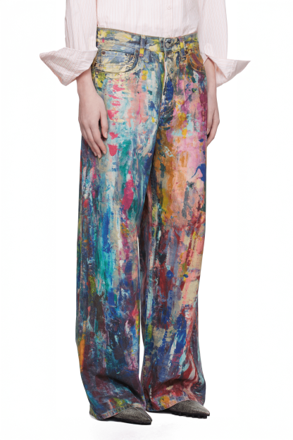Unisex Colorblock Denim - Oil Painting Effect Relaxed Fit Pants
