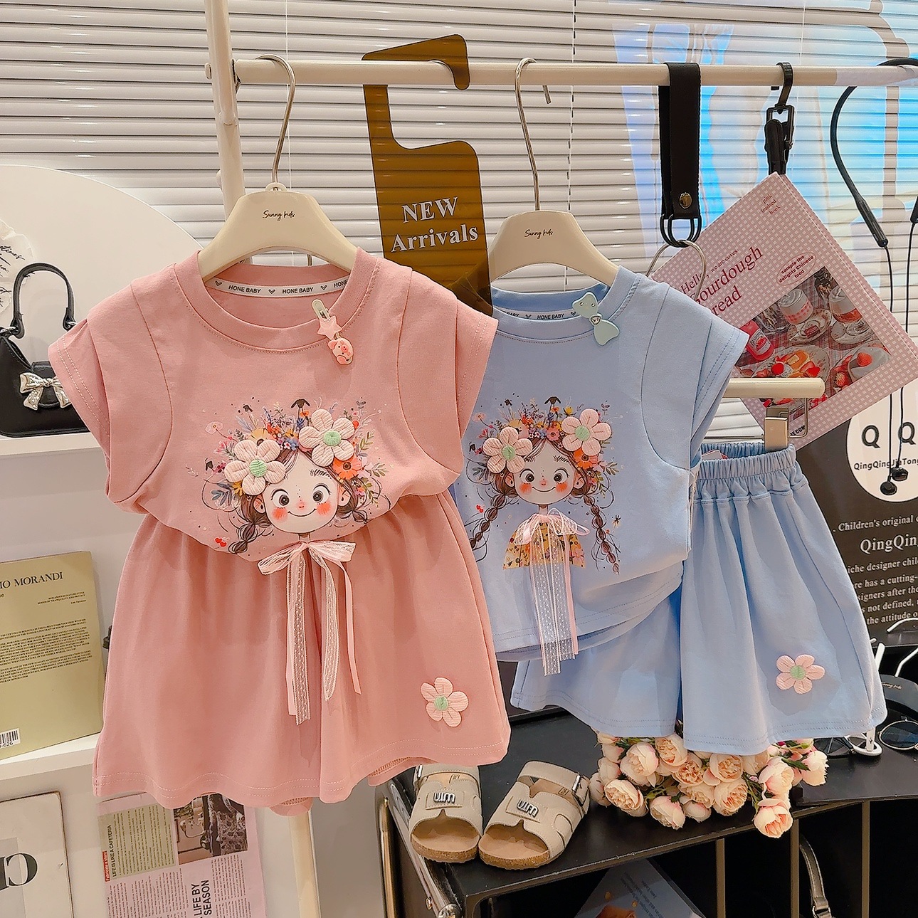 Girls’ Korean Cartoon 2‑Piece Shorts Set