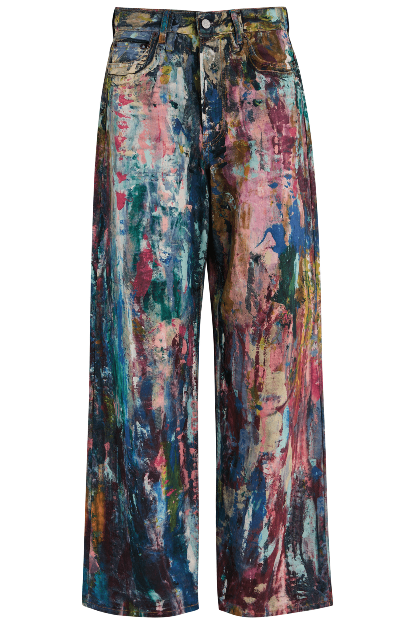 Unisex Colorblock Denim - Oil Painting Effect Relaxed Fit Pants