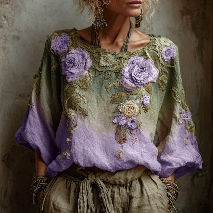 🌺【Časově omezená nabídka - [S-5XL]】 Dámská elegantní košile, potisk, kulatý výstřih, dlouhý rukáv, vintage