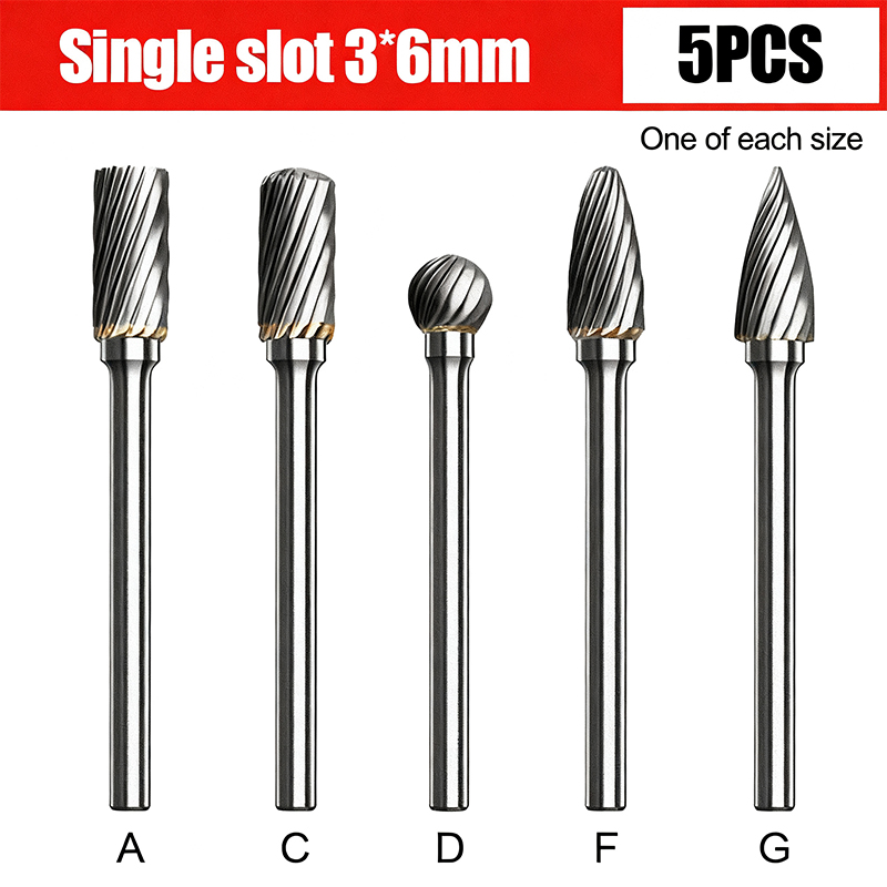 【5dílná sada】3*6mm wolframkarbidová rotační fréza – brusná a gravírovací hlava pro brusky, s jednou nebo dvěma drážkami
