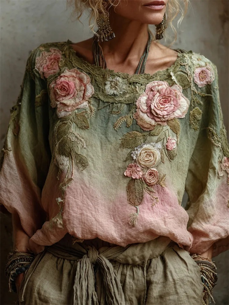 🌺【Časově omezená nabídka - [S-5XL]】 Dámská elegantní košile, potisk, kulatý výstřih, dlouhý rukáv, vintage