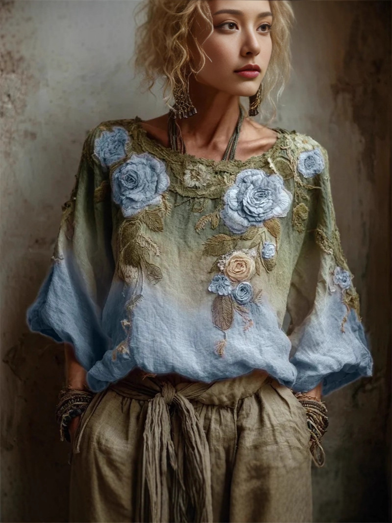 🌺【Časově omezená nabídka - [S-5XL]】 Dámská elegantní košile, potisk, kulatý výstřih, dlouhý rukáv, vintage