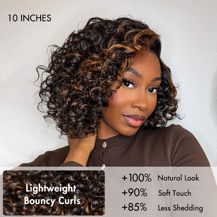 Effortless Elegance Brown Highlight Bouncy Curly Wig Minimalist HD Lace Glueless Wig Pre-Cut Lace