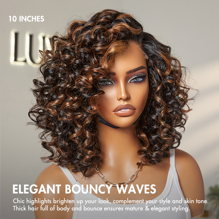 Effortless Elegance Brown Highlight Bouncy Curly Wig Minimalist HD Lace Glueless Wig Pre-Cut Lace