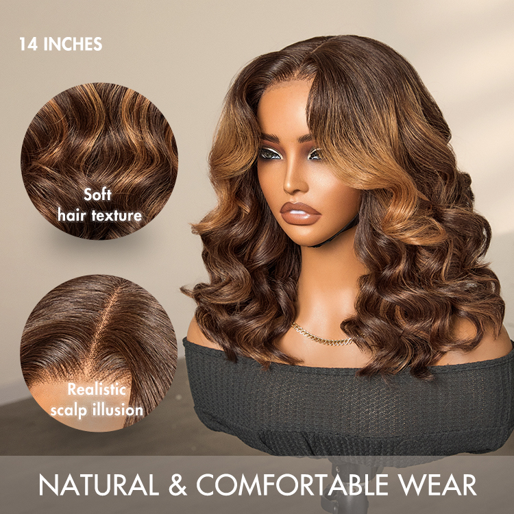 Elegant Brown Ombre Loose Wave Minimalist HD Lace Glueless Short Wig 100% Human Hair