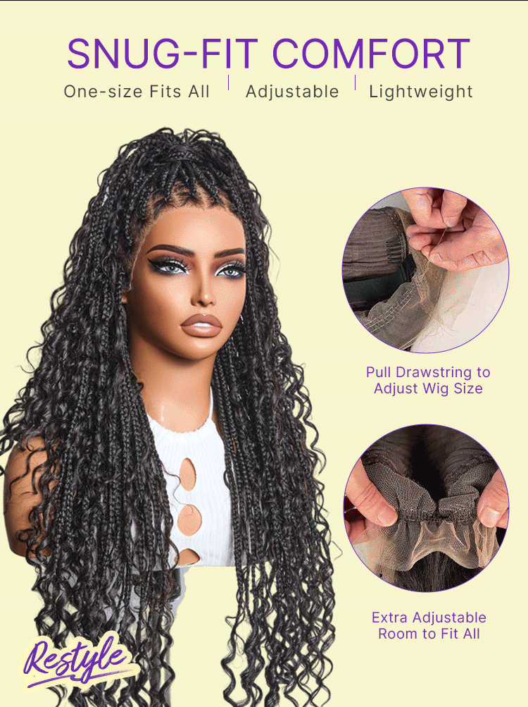 Flexi-Fit Invisi Drawstring Cap HD Full Lace Knotless Boho Curls Braided Long Wig Super Natural Scalp