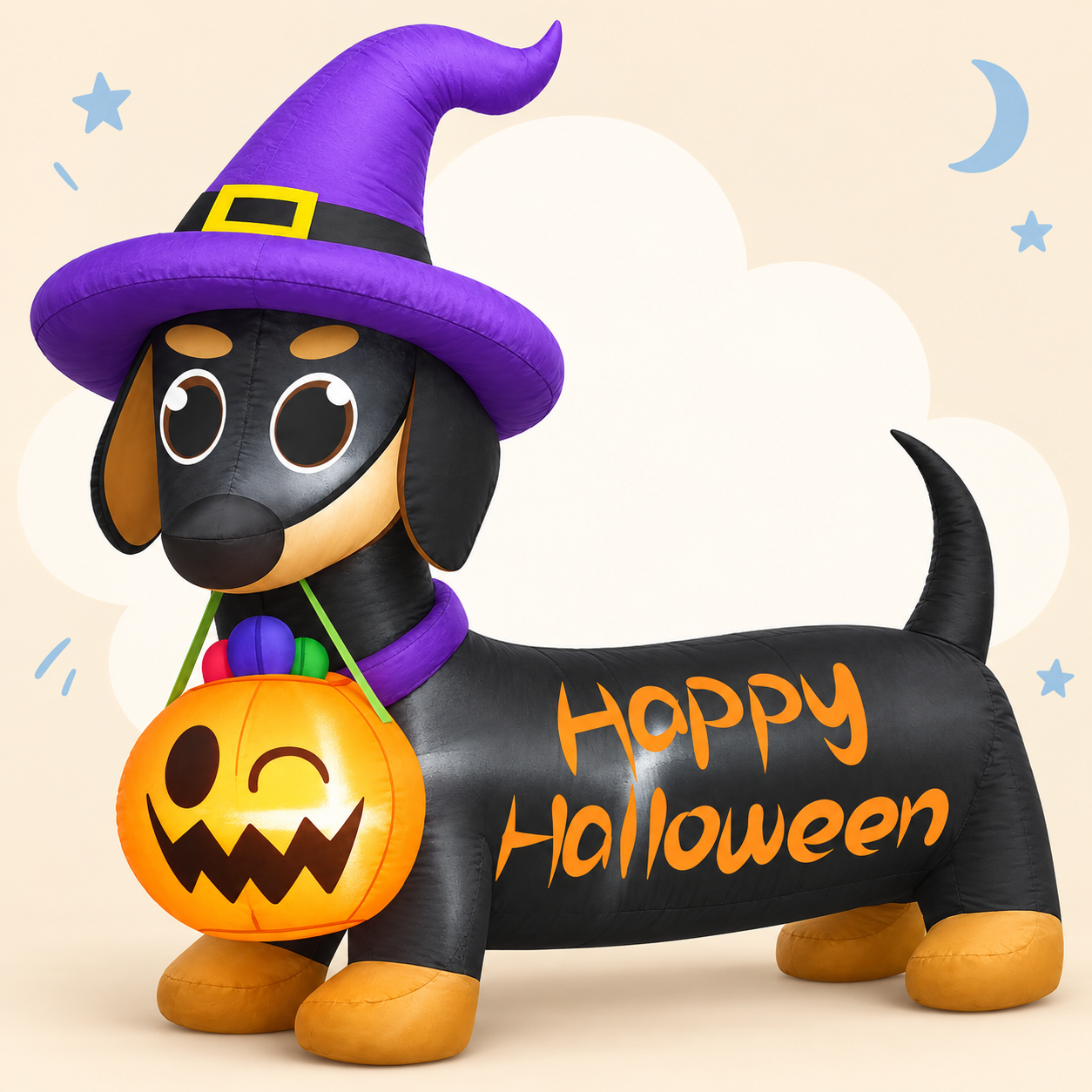 Halloween Dachshund Inflatable with Witch Hat and Pumpkin